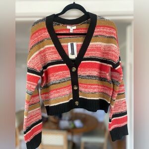NWT  Nordstrom BP Cropped Button Front Cardigan Sweater Stripe Red Black Brown